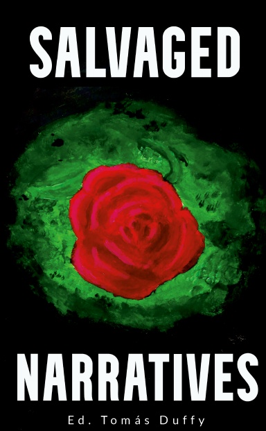 A painted red rose surrounded by darkness is the cover of the anthology 'Salvaged Narratives', edited by Tomas Duffy.